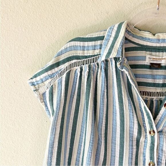 Anthropologie The Serena Surf Henley Blouse Striped Print Button Collared Top - Picture 7 of 10